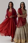 Buy_Rhua India_Red Anarkali Mukaish Chanderi Embroidery Aari U Neck Mitali Set  