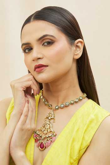 Just Shradhas_Multi Color Kundan Embellished Pendant Necklace _Online_at_Aza_Fashions