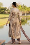 Shop_Nikita Vishakha_Silver Tissue Embroidered Mirror Notched Round Long Kurta Set_at_Aza_Fashions