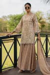 Buy_Nikita Vishakha_Rose Gold Tissue Embroidered Mirror V Neck Kurta Gharara Set _at_Aza_Fashions