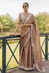 Buy_Nikita Vishakha_Brown Tissue Embroidered Mirror Blouse And Jacket Round Hem Saree With _at_Aza_Fashions