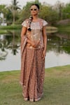 Buy_Nikita Vishakha_Beige Tissue Embroidered Floral Jaal Work Pre-draped Saree With Kurta Blouse_at_Aza_Fashions