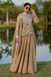 Buy_Nikita Vishakha_Beige Tissue Embroidered Mirror Band Collar Jacket Kurta Skirt Set _at_Aza_Fashions