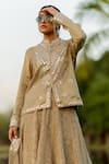 Shop_Nikita Vishakha_Beige Tissue Embroidered Mirror Band Collar Jacket Kurta Skirt Set _at_Aza_Fashions