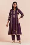 Priya Chaudhary_Purple Soft Chanderi Block Printed Floral V Kurta Pant Set _Online_at_Aza_Fashions