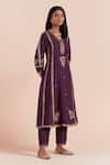 Shop_Priya Chaudhary_Purple Soft Chanderi Block Printed Floral V Kurta Pant Set _Online_at_Aza_Fashions