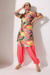 Shop_Bairaas_Multi Color Muslin Print Quirky Bloom Collar Neck Kurta With Afghani Pant_Online_at_Aza_Fashions