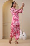 BAIRAAS_Pink Georgette Print Iris Bloom Collar Neck Peony Kurta With Salwar Pant_Online_at_Aza_Fashions