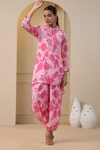 BAIRAAS_Pink Georgette Print Iris Bloom Collar Neck Peony Kurta With Salwar Pant_at_Aza_Fashions
