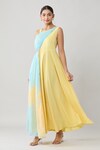 Buy_Adara Khan_Yellow Crepe Solid Asymmetric Draped Colorblock Maxi Dress_at_Aza_Fashions