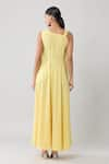 Shop_Adara Khan_Yellow Crepe Solid Asymmetric Draped Colorblock Maxi Dress_at_Aza_Fashions