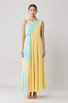 Adara Khan_Yellow Crepe Solid Asymmetric Draped Colorblock Maxi Dress_Online_at_Aza_Fashions