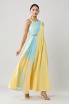 Buy_Adara Khan_Yellow Crepe Solid Asymmetric Draped Colorblock Maxi Dress_Online_at_Aza_Fashions