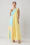 Shop_Adara Khan_Yellow Crepe Solid Asymmetric Draped Colorblock Maxi Dress_Online_at_Aza_Fashions