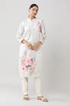 Shop_Samyukta Singhania_Off White Velvet Printed Rose Band Collar Gotta Patti Straight Kurta _Online_at_Aza_Fashions