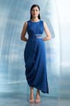 Buy_Charkhee_Blue Dress- Linen And Cotton Shimmer Plain Round Draped With Tie Up Belt _at_Aza_Fashions