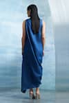 Shop_Charkhee_Blue Dress- Linen And Cotton Shimmer Plain Round Draped With Tie Up Belt _at_Aza_Fashions