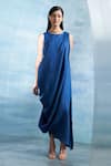 Charkhee_Blue Dress- Linen And Cotton Shimmer Plain Round Draped With Tie Up Belt _Online_at_Aza_Fashions