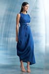 Shop_Charkhee_Blue Dress- Linen And Cotton Shimmer Plain Round Draped With Tie Up Belt _Online_at_Aza_Fashions