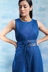 Charkhee_Blue Dress- Linen And Cotton Shimmer Plain Round Draped With Tie Up Belt _at_Aza_Fashions