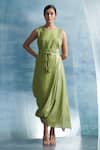 Buy_Charkhee_Green Dress- Linen And Cotton Shimmer Plain Sleeveless Draped With Tie Up Belt _at_Aza_Fashions