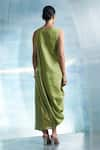 Shop_Charkhee_Green Dress- Linen And Cotton Shimmer Plain Sleeveless Draped With Tie Up Belt _at_Aza_Fashions