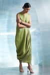 Buy_Charkhee_Green Dress- Linen And Cotton Shimmer Plain Sleeveless Draped With Tie Up Belt _Online_at_Aza_Fashions