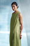 Shop_Charkhee_Green Dress- Linen And Cotton Shimmer Plain Sleeveless Draped With Tie Up Belt _Online_at_Aza_Fashions