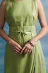 Charkhee_Green Dress- Linen And Cotton Shimmer Plain Sleeveless Draped With Tie Up Belt _at_Aza_Fashions