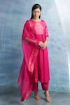 Buy_Charkhee_Fuchsia Kurta- Linen Woven Stripe Round Set _at_Aza_Fashions