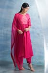 Charkhee_Fuchsia Kurta- Linen Woven Stripe Round Set _Online_at_Aza_Fashions