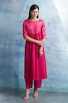 Buy_Charkhee_Fuchsia Kurta- Linen Woven Stripe Round Set _Online_at_Aza_Fashions