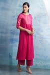 Charkhee_Fuchsia Kurta- Linen Woven Stripe Round Set _at_Aza_Fashions