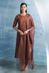 Buy_Charkhee_Brown Kurta- Linen Woven Stripe Round Yoke Set _at_Aza_Fashions