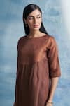 Buy_Charkhee_Brown Kurta- Linen Woven Stripe Round Yoke Set 