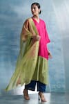 Buy_Charkhee_Fuchsia Kurta- Linen Woven Stripe V Colorblock Set _at_Aza_Fashions