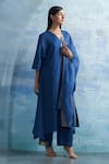 Buy_Charkhee_Blue Kurta- Linen Woven Stripe V Set _Online_at_Aza_Fashions