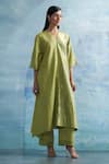 Charkhee_Green Kurta- Linen Woven V Set _Online_at_Aza_Fashions