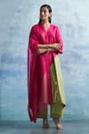 Charkhee_Fuchsia Kurta- Linen Woven V Colorblock Set _Online_at_Aza_Fashions