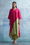 Shop_Charkhee_Fuchsia Kurta- Linen Woven V Colorblock Set _Online_at_Aza_Fashions