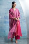 Buy_Charkhee_Pink Kurta- Linen Woven Stripe V Neck Colorblock Pant Set _at_Aza_Fashions