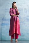 Charkhee_Pink Kurta- Linen Woven Stripe V Neck Colorblock Pant Set _Online_at_Aza_Fashions