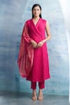 Buy_Charkhee_Fuchsia Kurta- Linen Plain Shawl Collar Wrap And Pant Set _at_Aza_Fashions