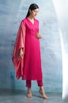 Buy_Charkhee_Fuchsia Kurta- Linen Plain Shawl Collar Wrap And Pant Set _Online_at_Aza_Fashions