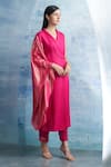 Shop_Charkhee_Fuchsia Kurta- Linen Plain Shawl Collar Wrap And Pant Set _Online_at_Aza_Fashions