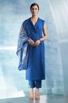 Buy_Charkhee_Blue Kurta- Linen Plain Shawl Collar Sleeveless Wrap And Pant Set _at_Aza_Fashions