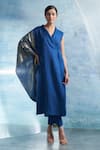 Charkhee_Blue Kurta- Linen Plain Shawl Collar Sleeveless Wrap And Pant Set _Online_at_Aza_Fashions