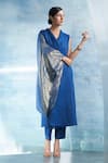 Charkhee_Blue Kurta- Linen Plain Shawl Collar Sleeveless Wrap And Pant Set _at_Aza_Fashions