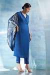 Buy_Charkhee_Blue Kurta- Linen Plain Shawl Collar Sleeveless Wrap And Pant Set 