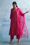 Buy_Charkhee_Fuchsia Kurta- Linen Woven Notched Palazzo Set _at_Aza_Fashions